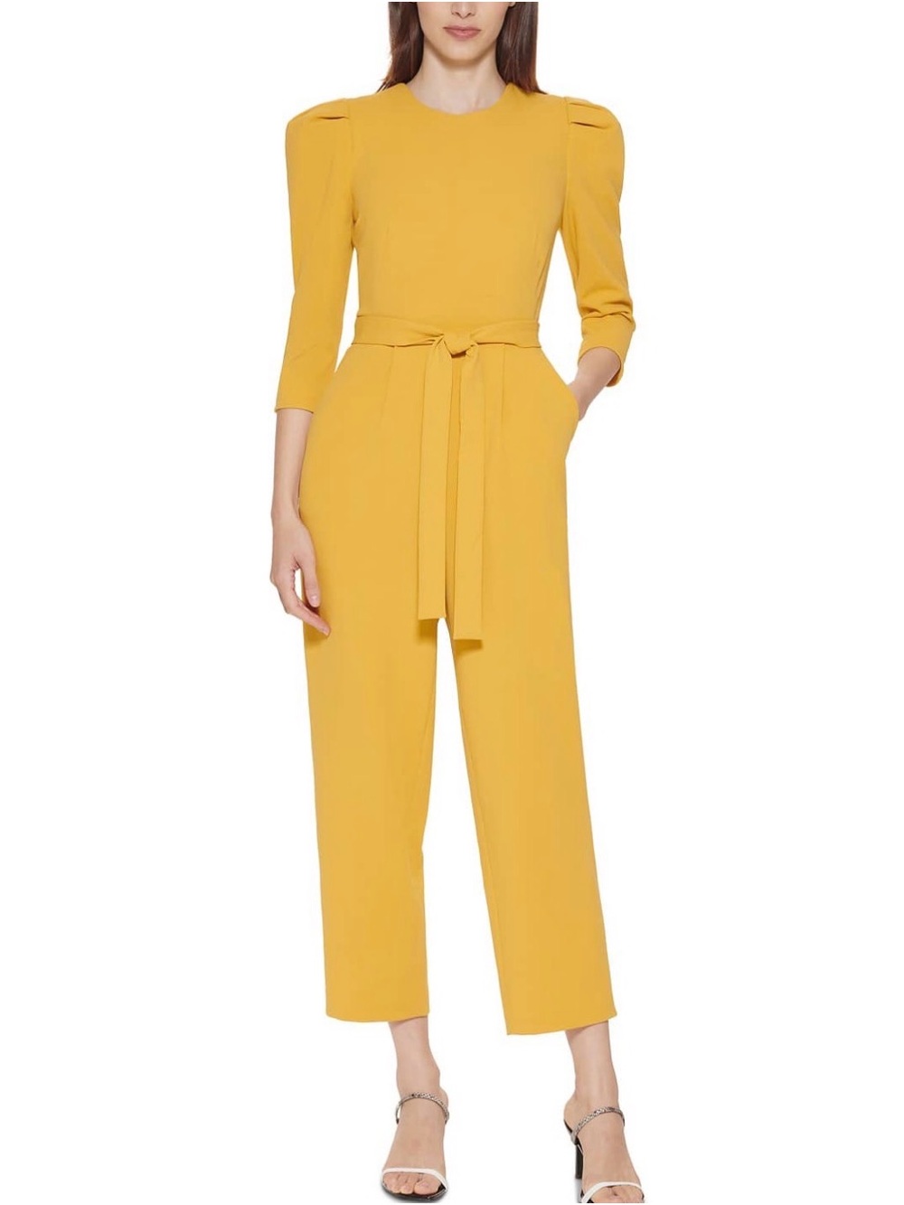 Calvin Klein Mustard Yellow Puff Sleeve Belted Jumpsuit – Size 16